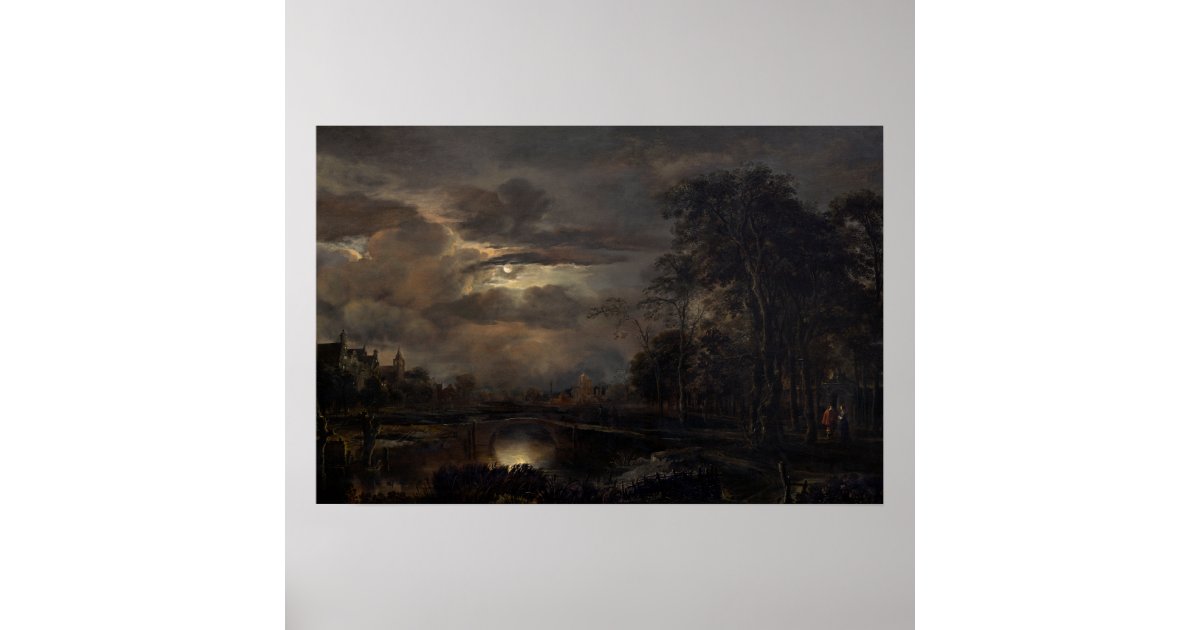 Moonlit Landscape with Bridge by Aert van der Neer Poster | Zazzle