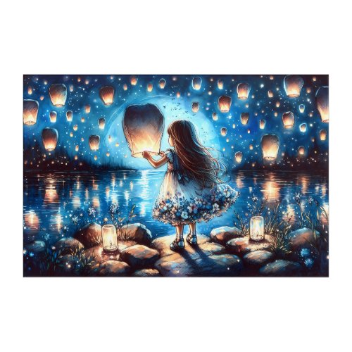 Moonlit Lantern Lake Girl Acrylic Print