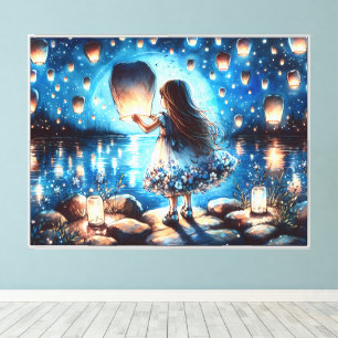 Moonlit Lantern Lake Girl Canvas Print