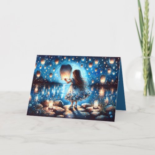 Moonlit Lantern Lake Girl Card