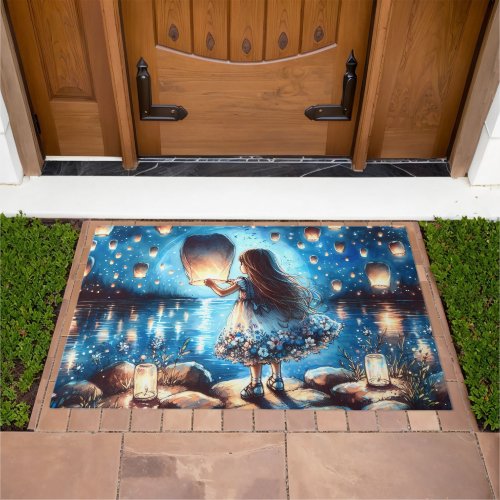 Moonlit Lantern Lake Girl Doormat
