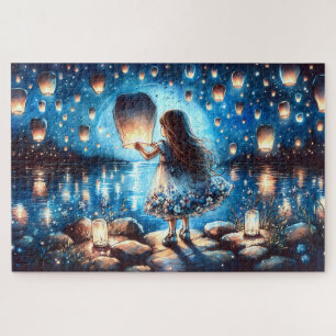 Moonlit Lantern Lake Girl Jigsaw Puzzle