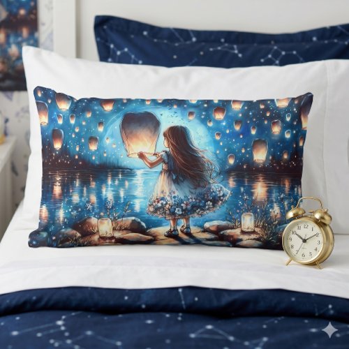 Moonlit Lantern Lake Girl Lumbar Pillow