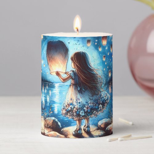Moonlit Lantern Lake Girl Pillar Candle