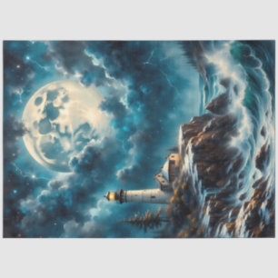 Moonlit Lighthouse Cliff – Fantasy Night Seascape Tissue Paper