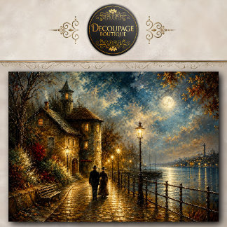 Moonlit Lighthouse Harbor Walk Decoupage Tissue Paper