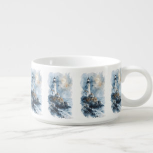 Moonlit Lighthouse on Rocky Coastline Bowl