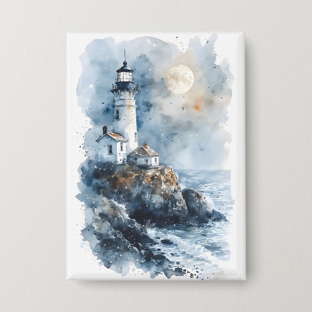 Moonlit Lighthouse on Rocky Coastline Button (Front)