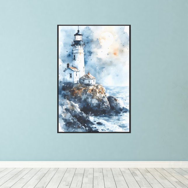 Moonlit Lighthouse on Rocky Coastline Canvas Print (Insitu(Wood Floor))