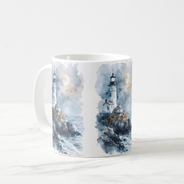 Moonlit Lighthouse on Rocky Coastline Coffee Mug (Front Left)