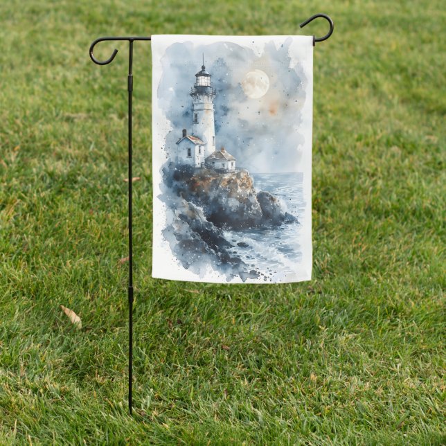Moonlit Lighthouse on Rocky Coastline Garden Flag (In SItu)