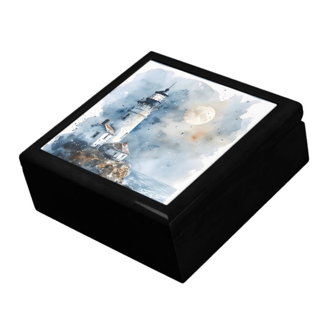 Moonlit Lighthouse on Rocky Coastline Gift Box (Side)