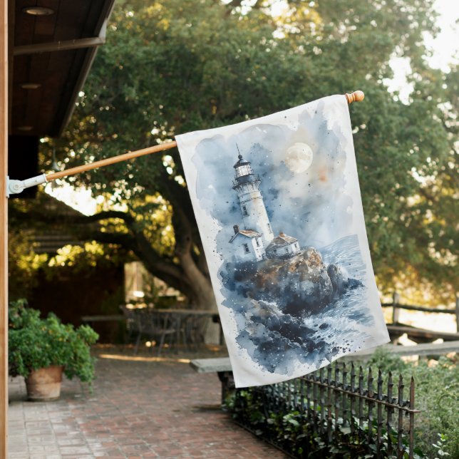Moonlit Lighthouse on Rocky Coastline House Flag (In SItu)