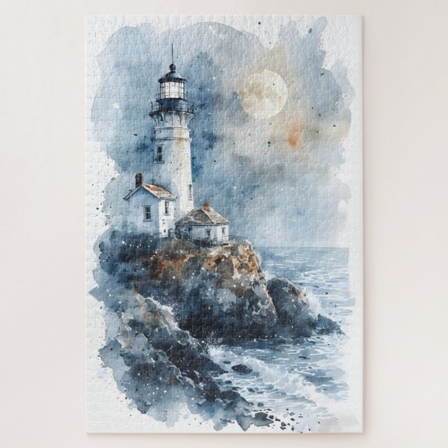 Moonlit Lighthouse on Rocky Coastline Jigsaw Puzzle (Vertical)