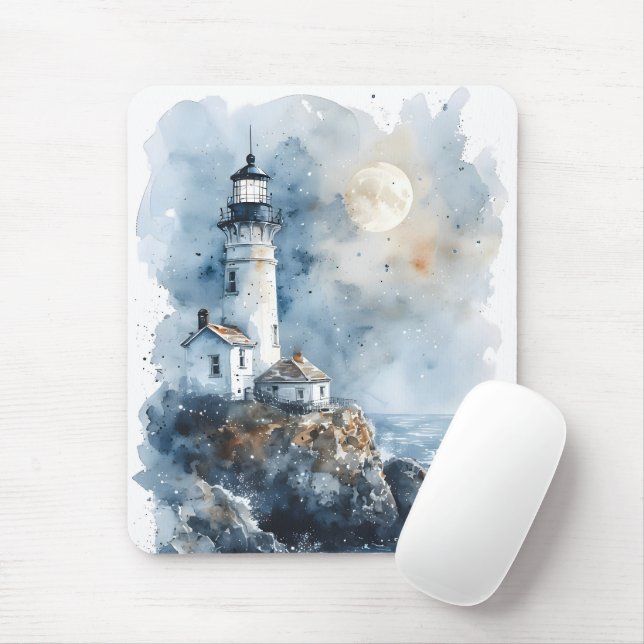 Moonlit Lighthouse on Rocky Coastline Mouse Pad (With Mouse)