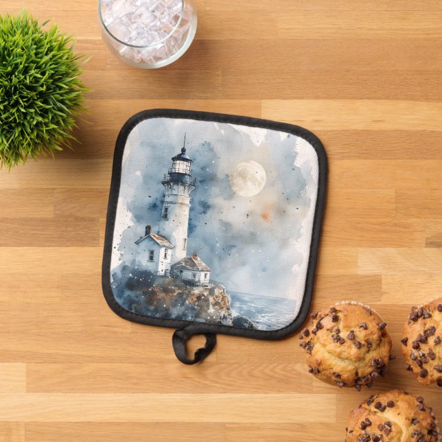 Moonlit Lighthouse on Rocky Coastline Pot Holder (Top Down)