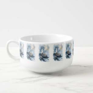 Moonlit Lighthouse on Rocky Coastline Soup Mug