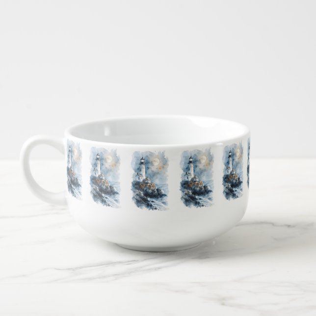 Moonlit Lighthouse on Rocky Coastline Soup Mug (Right)