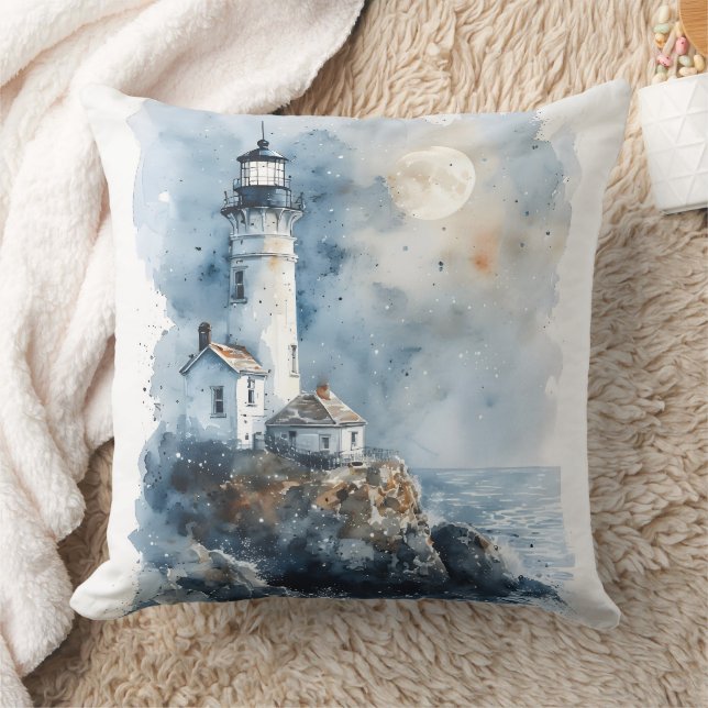 Moonlit Lighthouse on Rocky Coastline Throw Pillow (Blanket)