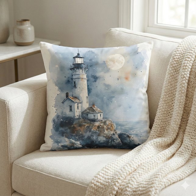 Moonlit Lighthouse on Rocky Coastline Throw Pillow (Moonlit Lighthouse on Rocky Coastline Throw Pillow Mockup A)