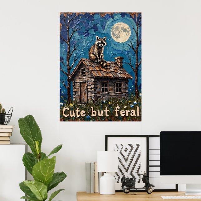 Moonlit Lookout: Raccoon on the Cabin Roof Poster (Home Office)