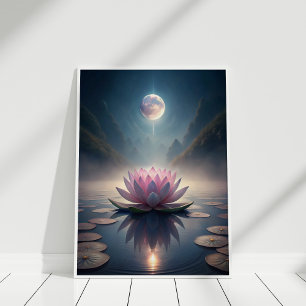 Moonlit Lotus Garden – Tranquil Lunar Reflection  Poster