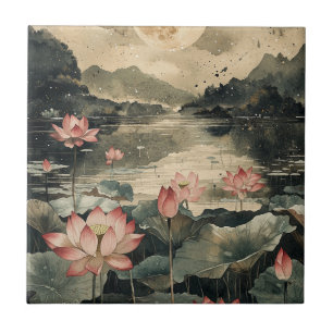 Moonlit Lotus Lake (1) Ceramic Tile