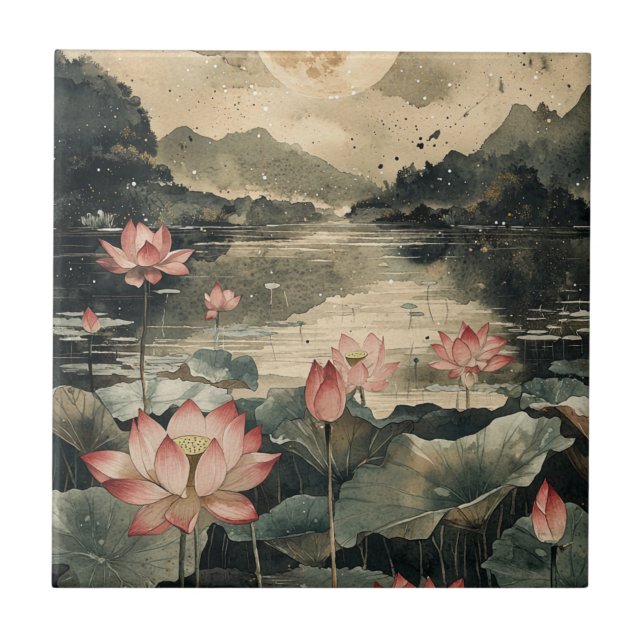 Moonlit Lotus Lake (1) Ceramic Tile (Front)