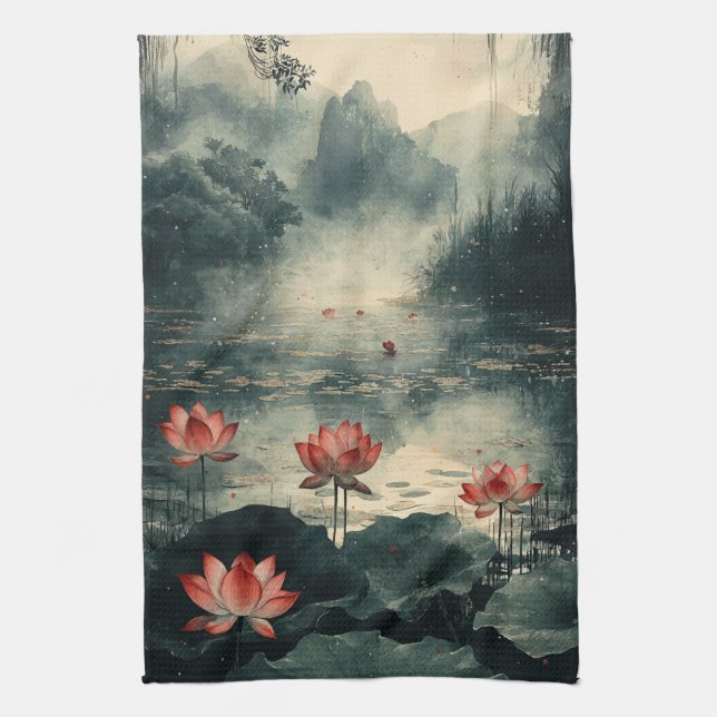 Moonlit Lotus Lake (2) Kitchen Towel (Vertical)