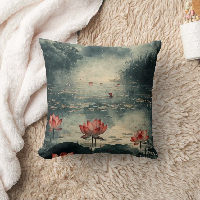 Moonlit Lotus Lake (2) Throw Pillow (Blanket)