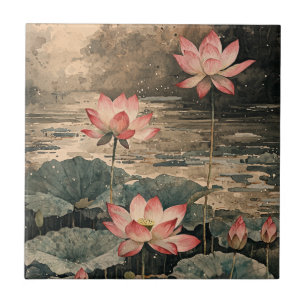 Moonlit Lotus Lake (3) Ceramic Tile