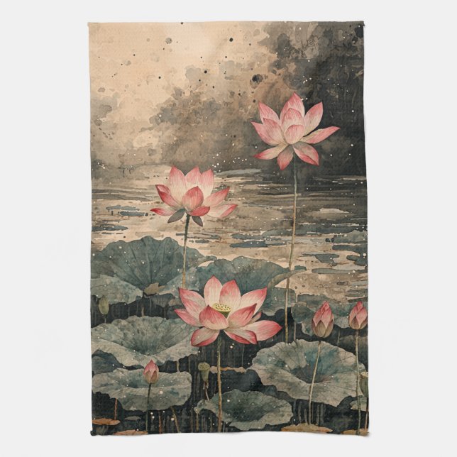 Moonlit Lotus Lake (3) Kitchen Towel (Vertical)