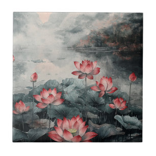 Moonlit Lotus Lake (5) Ceramic Tile