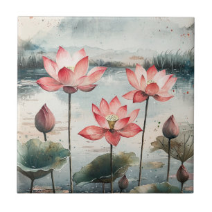 Moonlit Lotus Lake (7) Ceramic Tile
