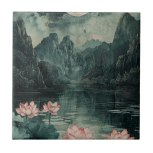 Moonlit Lotus Lake (8) Ceramic Tile