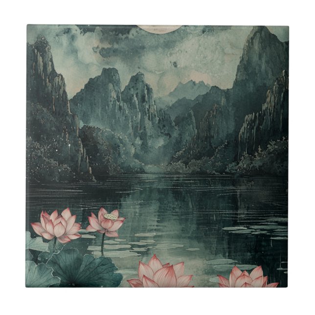 Moonlit Lotus Lake (8) Ceramic Tile (Front)