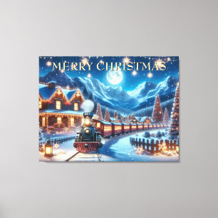 Moonlit Magical Snowy Winter Holiday Train Scene Canvas Print