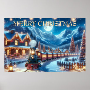 Moonlit Magical Snowy Winter Holiday Train Scene Poster
