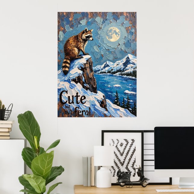 Moonlit Majesty: Raccoon Over Snowy Lake Poster (Home Office)