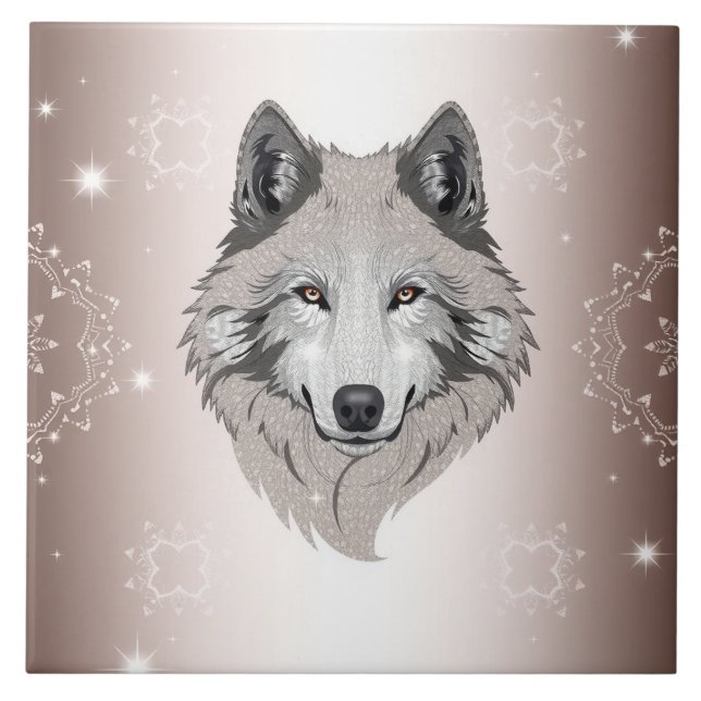 "Moonlit Majesty: Shimmering Wolf Ceramic Tile  (Front)