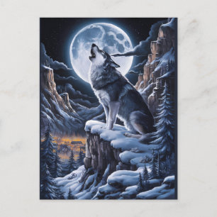 Moonlit Majesty: Wolf Atop Mountain Postcard