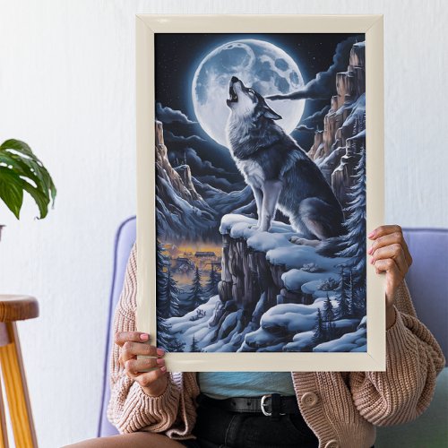 Moonlit Majesty Wolf Atop Mountain Poster