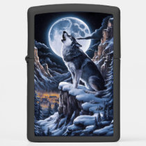 Moonlit Majesty: Wolf Atop Mountain Zippo Lighter