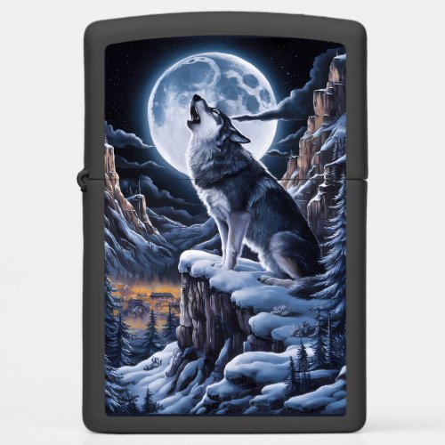 Moonlit Majesty Wolf Atop Mountain Zippo Lighter