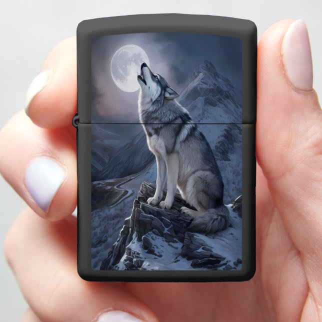 Moonlit Majesty: Wolf Atop Mountain Zippo Lighter (In Hand)