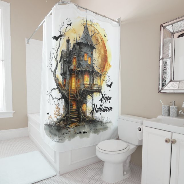 Moonlit Manor – Halloween Greetings in Shadow Shower Curtain (In Situ)