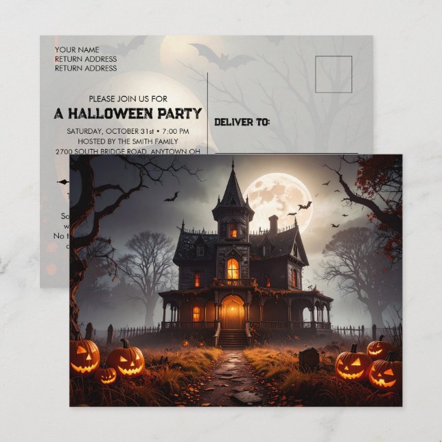 Moonlit Mansion Halloween Party Invitation  Postcard (Front/Back)