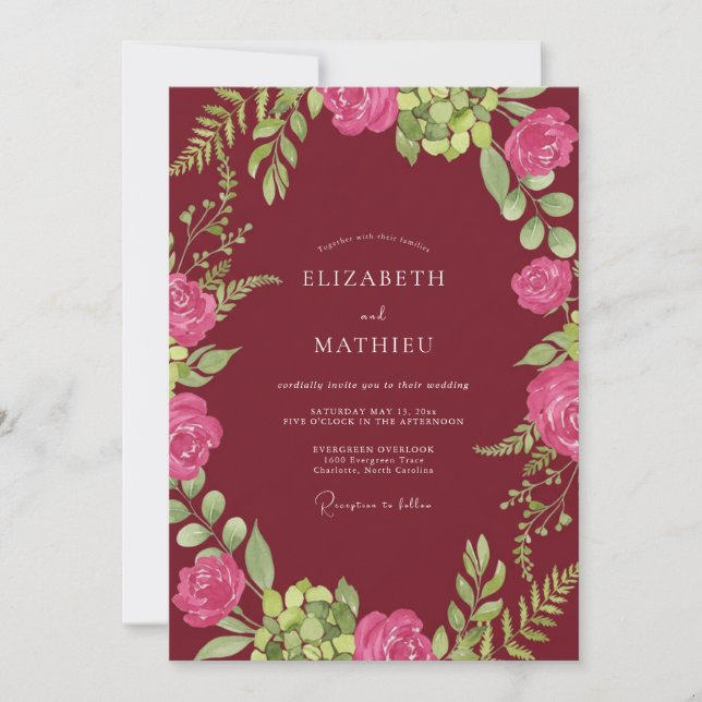 Moonlit Maroon Peony Wreath Wedding Invitation (Front)