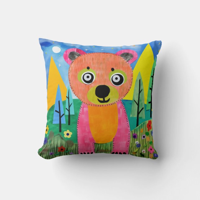Moonlit Meadow Bear Throw Pillow (Front)