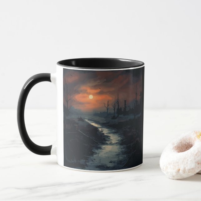 Moonlit Menace: The Haunted Black Forest at Dusk Mug (With Donut)